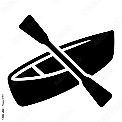 Black and white minimalist graphic of a canoe with a paddle crossed over