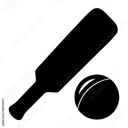 Black and white graphic of a cricket bat and ball icon