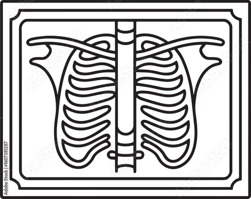 Black and white line art illustration of a human rib cage and spine human anatomy skeleton