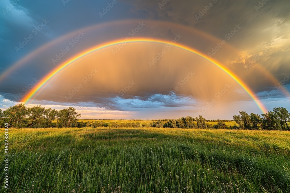 Naklejka premium A vibrant rainbow arches across a grassy landscape, under a dramatic sky
