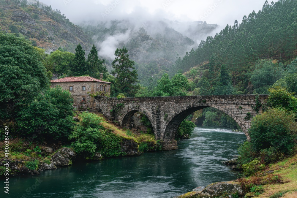 Ancient stone bridge gracefully arches over a flowing river amidst lush green mountains shrouded in mist Ancient stone bridge gracefully arches over a flowing river amidst lush green mountains shrouded in mist