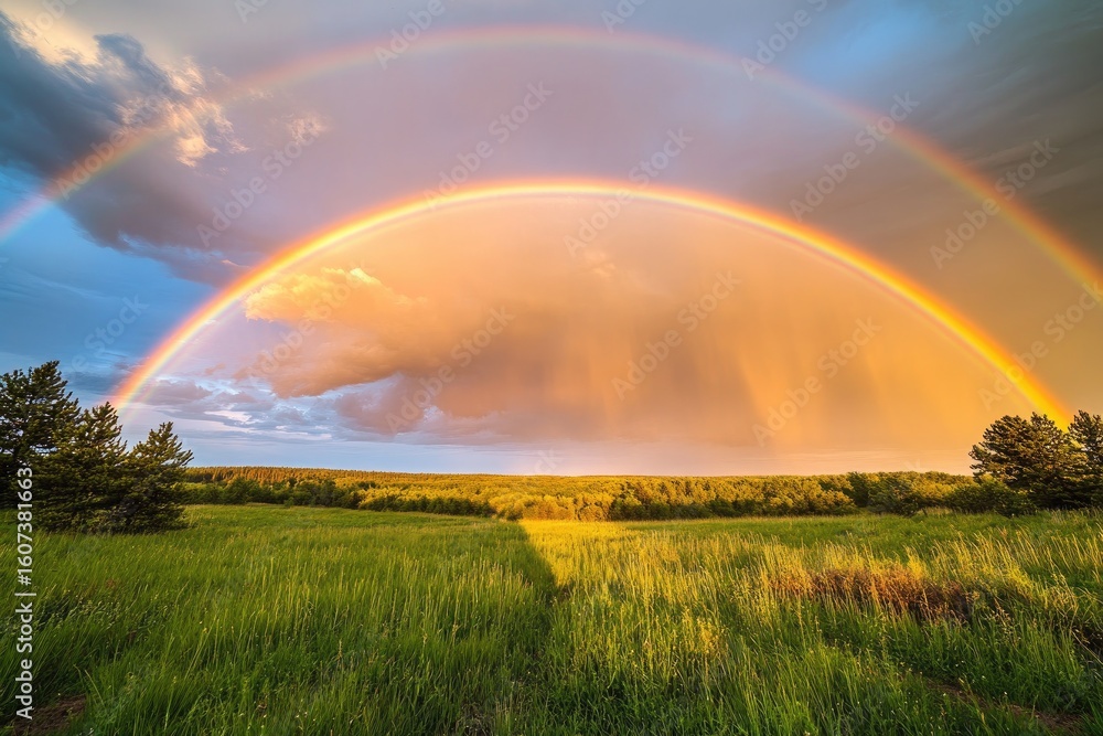 Fototapeta premium Double rainbow arches over a grassy field at sunset. 