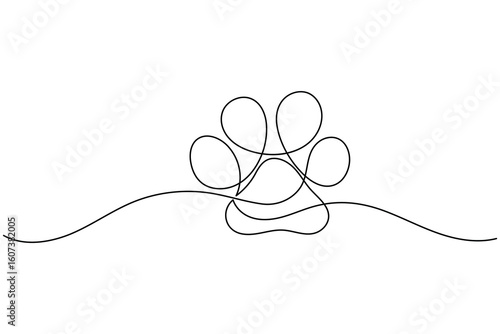 Continuous line drawing of a dog paw print isolated on white background for pet lover design
