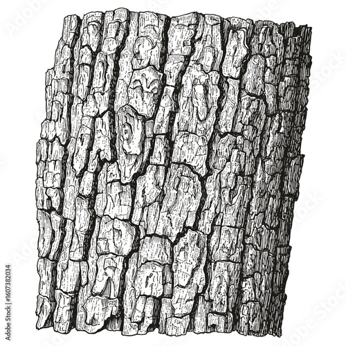 Cracked and aged tree bark, intricate texture — vintage sketch doodle vector illustration on white background