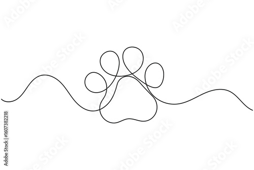 Continuous line drawing of a dog paw print isolated on white background for pet lover design