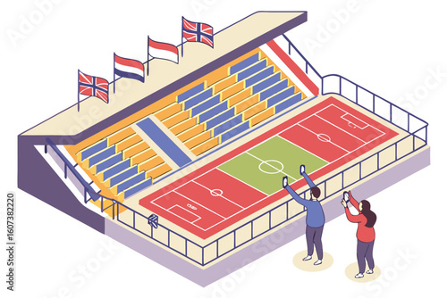 Isometric view of stadium with flags, seating, field, and people taking photos with their smartphones