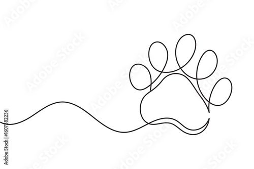 Continuous line drawing of a dog paw print isolated on white background for pet lover design