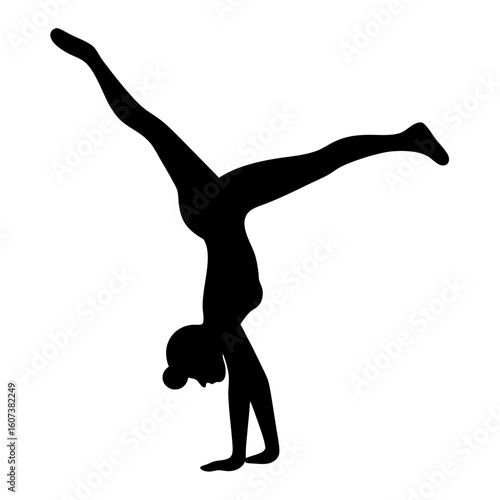 Silhouette of a woman performing a handstand with legs apart on white background
