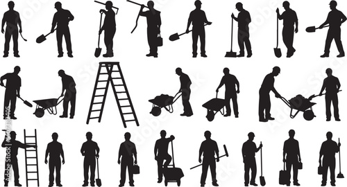 Silhouettes of construction workers with tools and equipment, construction worker, silhouette, man, person, worker, laborer, construction, building, manual labor, tool, shovel, spade, wheelbarrow, lad