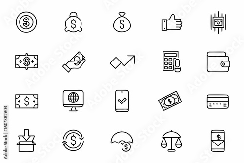 A modern bundle showcasing transaction types and financial movement using abstract line design. Ideal for UI kits, banking illustrations, and digital economy content.