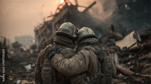 Two soldiers in the aftermath of war, offering comfort amidst the chaos and ruins of a city.