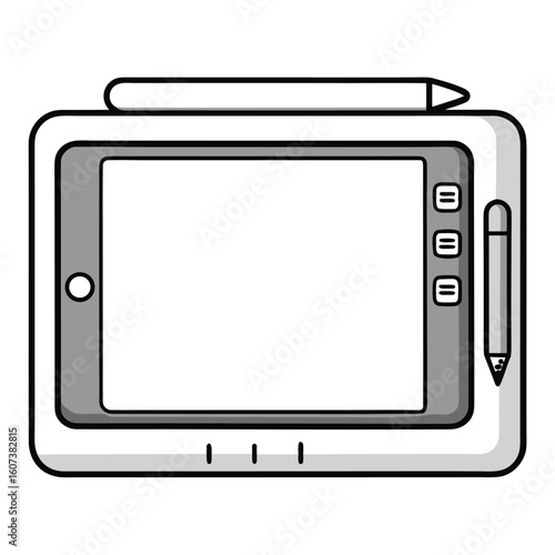 Outline illustration of a drawing tablet with a stylus isolated on white background