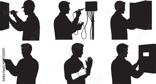 Six Silhouettes of Workers Performing Various Tasks, silhouette, worker, man, male, construction, electrician, technician, repair, installation, wiring, soldering, tablet, digital device, safety glove