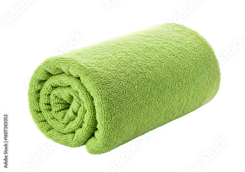 Rolled Up Soft Green Towel Clean and Fresh Texture Spa and Wellness Concept isolated on white or transparent background. PNG