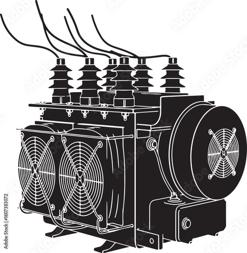 Black and white illustration of a large electrical transformer with fans, electrical transformer, power transformer, electricity, energy, industrial equipment, heavy machinery, power distribution, sub