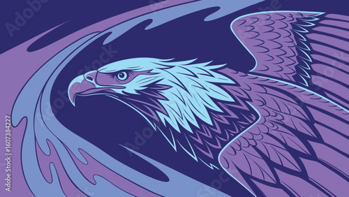 Black vector illustration of an eagle head, a majestic wild bird symbol, flying free in the night sky