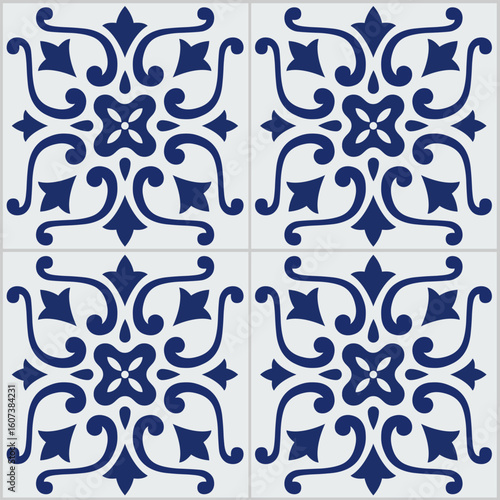 Ceramic tiles. Hydraulic ceramics with Portuguese and Spanish motifs. Digital design. Blue and white floral decorative ornament.