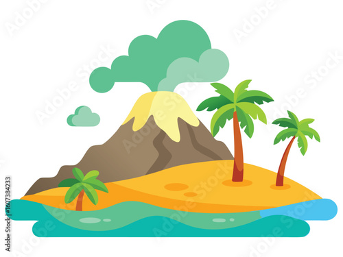 Cartoon Tropical Island with Volcano, Palm Trees, Beach, and Ocean Illustration