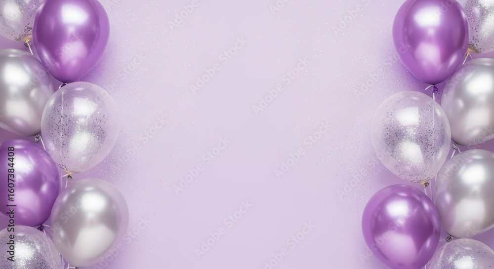 Fototapeta premium Elegant purple and silver balloons float against a soft lavender background with subtle glitter accents.