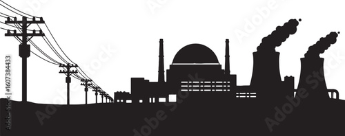 Black silhouette of a power plant with cooling towers and power lines, power plant, factory, industrial, silhouette, black and white, power lines, electricity, energy, pollution, smoke, steam, cooling