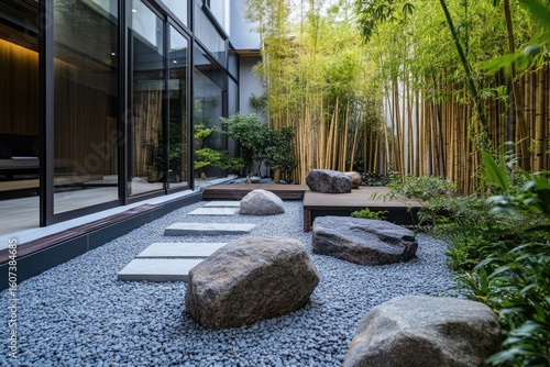 Modern zen garden with gray gravel, stepping stones, and large rocks