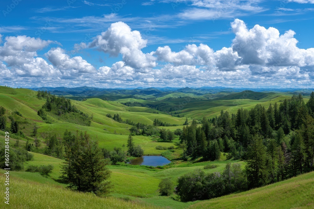 Fototapeta premium Expansive verdant rolling hills under a vivid blue sky with fluffy cumulus clouds