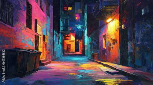 Fototapeta Naklejka Na Ścianę i Meble -  Neon-lit alley, emotional solitude, smeared brush effects