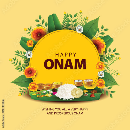 Kerala festival Happy Onam background with traditional food (onasadya) served on banana leaf. Vector illustrationdesign 2025.