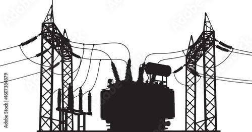 Black silhouette of electrical substation with power lines, electricity, power, substation, transformer, transmission, high voltage, electrical, energy, infrastructure, industry, technology, power lin