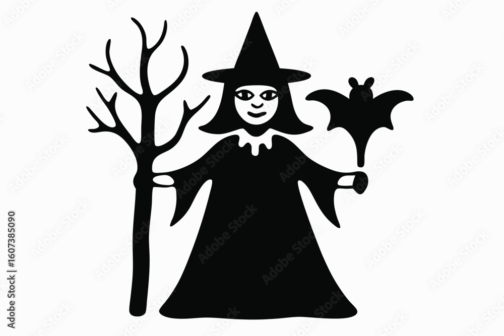 Fototapeta premium Black Witch Silhouette with Bat and Tree on White Halloween