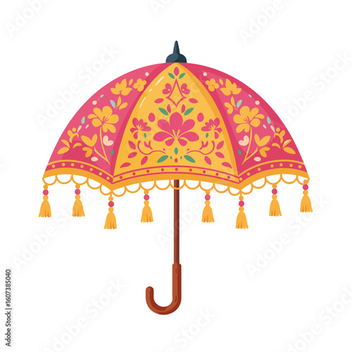 Ornate Pink and Yellow Parasol with Floral Motifs and Decorative Tassels