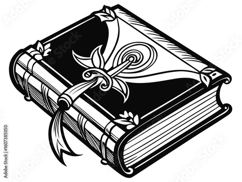 Detailed Black and White Illustration of an Ancient Magical Spell Book with Decorations
