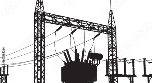 Black silhouette of electrical substation with transformer and towers, electricity, power, substation, transformer, high voltage, transmission, energy, infrastructure, industrial, technology, electric