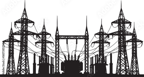 Black silhouette of electrical substation with power lines, electricity, power, substation, electrical, energy, transmission, infrastructure, high voltage, power lines, towers, pylons, transformer, in