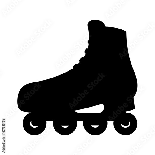 Black silhouette of an inline roller skate featuring four wheels on frame