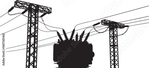 Black silhouette of electrical transformer and power line towers, electricity, power, energy, transmission, substation, transformer, high voltage, electrical, industry, infrastructure, grid, network, 