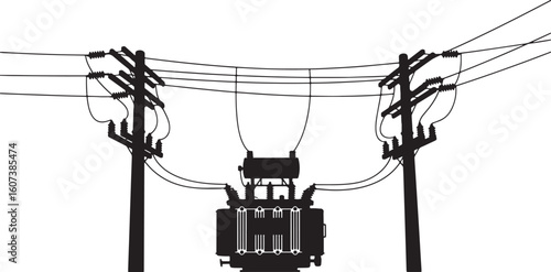 Black silhouette of electrical transformer and power lines on poles, electricity, power, transformer, substation, electrical, energy, transmission, distribution, high voltage, power line, utility, inf
