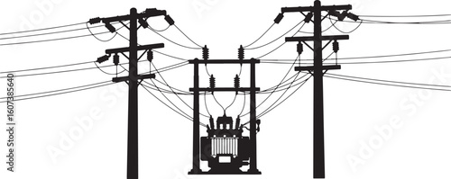 Black silhouette of electrical transformer and power lines on poles, electricity, power, energy, transformer, electrical, pole, power line, transmission, distribution, high voltage, insulator, wire, i