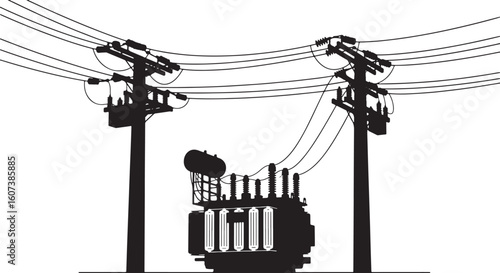 Black silhouette of electrical transformer on poles with wires, electricity, power, transformer, pole, utility pole, power line, transmission, distribution, energy, infrastructure, electrical, high vo