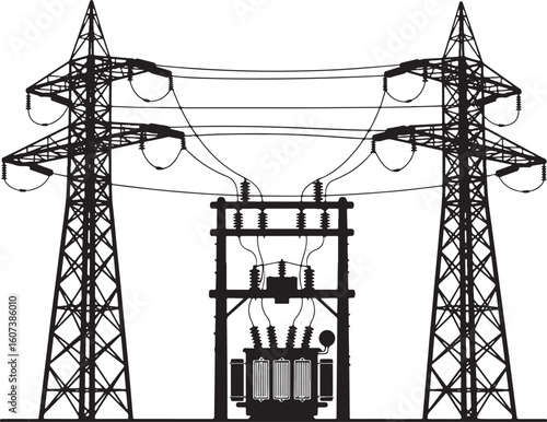 Black silhouette of electrical transmission towers and transformer, electricity, power, transmission, tower, pylon, high voltage, infrastructure, energy, grid, substation, transformer, electrical, ind