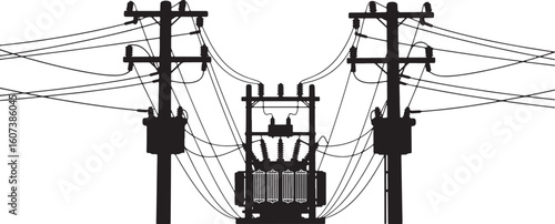Black silhouette of electricity poles and transformer with wires, electricity, power, pole, transformer, wires, cables, transmission, energy, distribution, infrastructure, utility, electric, network, 