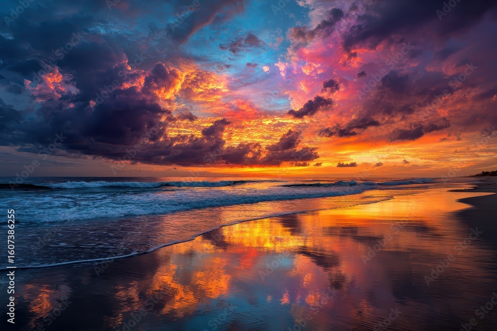 Obraz premium Dramatic Beach Sunset with Reflections.