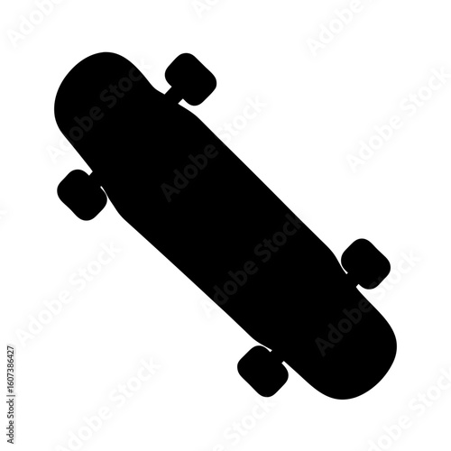 A solid black silhouette of a skateboard with four wheels