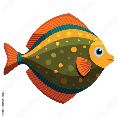 Artistic illustration of a flounder fish in a vibrant detailed style isolated on white background