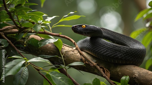 Mysterious Black Snake Coiled on Branch in Jungle Setting With Intense Yellow Eyes