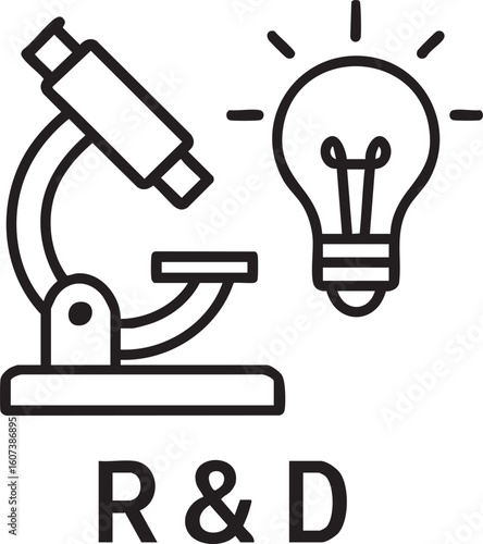 A conceptual black outline icon depicting a microscope and a glowing light bulb, symbolizing research, development, and innovative ideas on a clean white background.