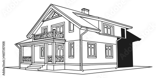 Black and white continuous line art drawing of a house with porch balcony windows and chimney on white background