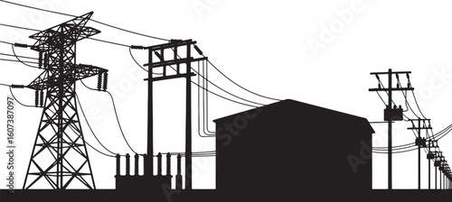 Black silhouette of power lines and electrical substation, electricity, power, energy, transmission, substation, power lines, electrical tower, pylon, infrastructure, grid, high voltage, electricity