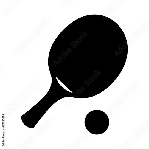 Simple black silhouette of a ping pong paddle and ball illustration