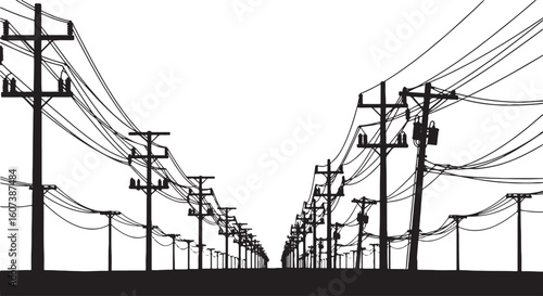 Black silhouette of power lines and poles receding into distance, power lines, electricity, poles, utility poles, wires, transmission lines, infrastructure, black and white, silhouette, perspective, r